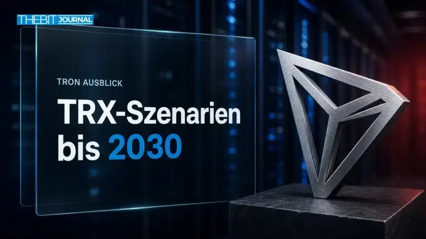 Gebürstete Metallskulptur des TRON-Logos in einem Rechenzentrum zur TRON Prognose 2030