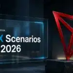 Red metal TRON logo sculpture in a dark gallery illustrating the TRON price prediction 2026