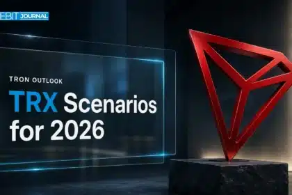 Red metal TRON logo sculpture in a dark gallery illustrating the TRON price prediction 2026