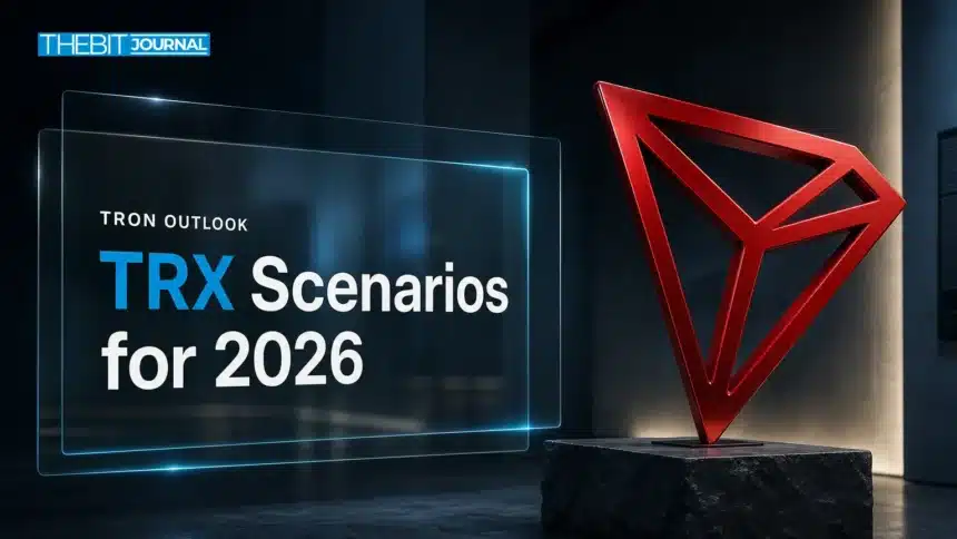 Red metal TRON logo sculpture in a dark gallery illustrating the TRON price prediction 2026