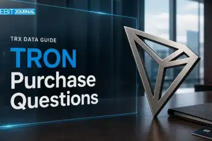 Conceptual TRON emblem on a desk beside a closed research folder.