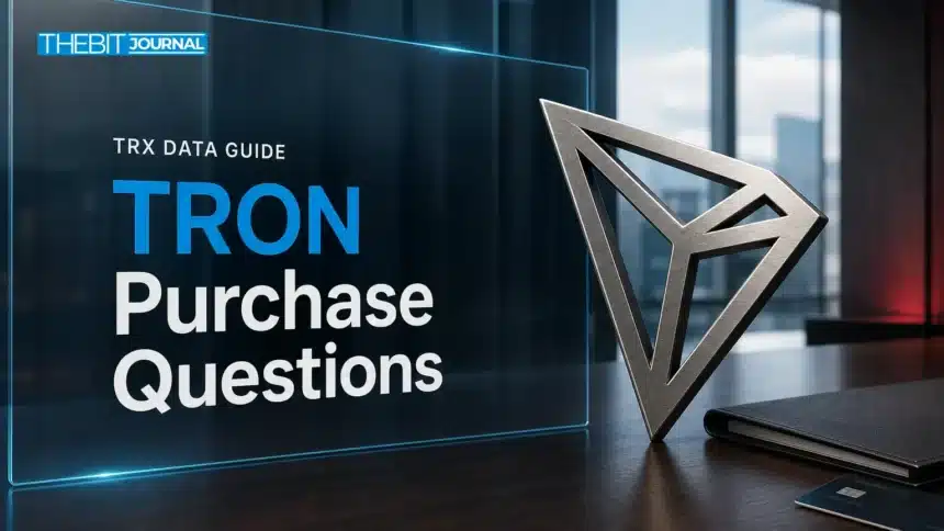 Conceptual TRON emblem on a desk beside a closed research folder.