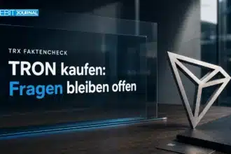TRON kaufen: Metallskulptur des TRON-Symbols neben einer geschlossenen Recherchemappe