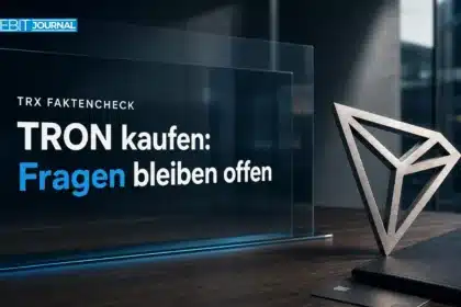 TRON kaufen: Metallskulptur des TRON-Symbols neben einer geschlossenen Recherchemappe