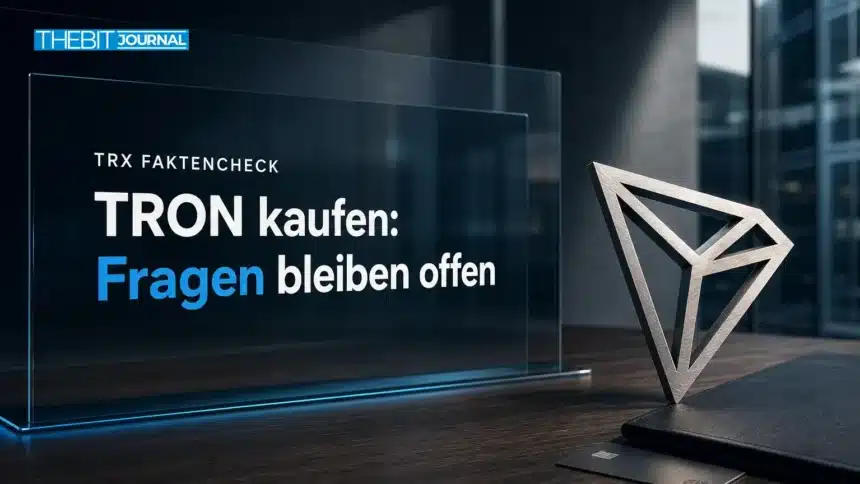 TRON kaufen: TRX-Marktdaten und offene Fragen zum Kauf 7 TRON kaufen: Metallskulptur des TRON-Symbols neben einer geschlossenen Recherchemappe