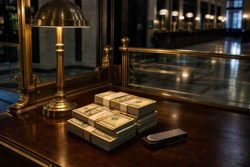 Is TRON a Good Investment in 2026? What the Data and Risks Show 8 Dollar bundles and a hardware wallet on a bank counter, symbolizing stablecoin transfers on TRON