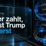 Serverschrank mit Glasfaserkabeln als Symbol für die Truth Social API, die Handelsfirmen gekauft haben