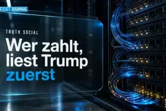 Serverschrank mit Glasfaserkabeln als Symbol für die Truth Social API, die Handelsfirmen gekauft haben