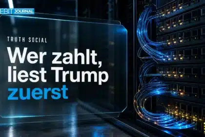 Serverschrank mit Glasfaserkabeln als Symbol für die Truth Social API, die Handelsfirmen gekauft haben
