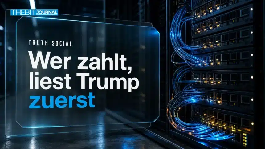 Truth Social API: Bloomberg, Susquehanna und Jump als Kunden 7 Serverschrank mit Glasfaserkabeln als Symbol für die Truth Social API, die Handelsfirmen gekauft haben