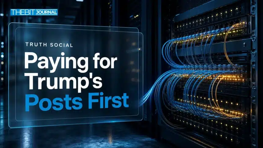 Truth Social API Wins Bloomberg, Susquehanna and Jump as Clients 7 Server rack with fiber optic cables illustrating the Truth Social API paid feed bought by trading firms