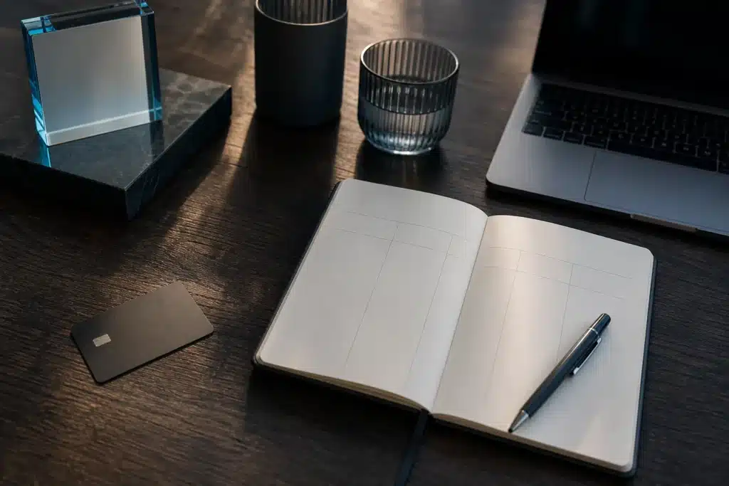 Conceptual payment research scene with a card and blank notebook beside a laptop.