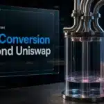 Conceptual Uniswap TJAR fee conversion installation with metal channels feeding a glass collection vessel
