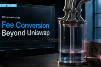 Conceptual Uniswap TJAR fee conversion installation with metal channels feeding a glass collection vessel