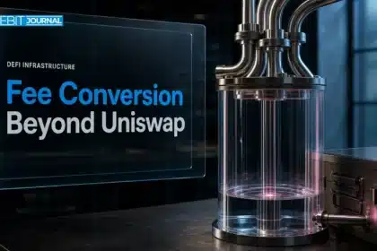 Conceptual Uniswap TJAR fee conversion installation with metal channels feeding a glass collection vessel