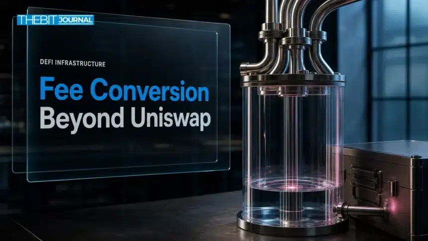 Conceptual Uniswap TJAR fee conversion installation with metal channels feeding a glass collection vessel