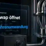 Uniswap TJAR als physisches Modell mit Metallrinnen und transparentem Sammelbehälter in einem Techniklabor