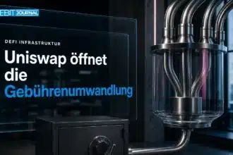 Uniswap TJAR als physisches Modell mit Metallrinnen und transparentem Sammelbehälter in einem Techniklabor