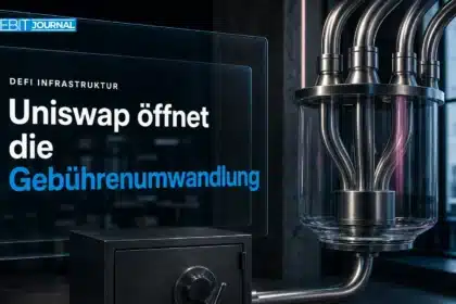 Uniswap TJAR als physisches Modell mit Metallrinnen und transparentem Sammelbehälter in einem Techniklabor
