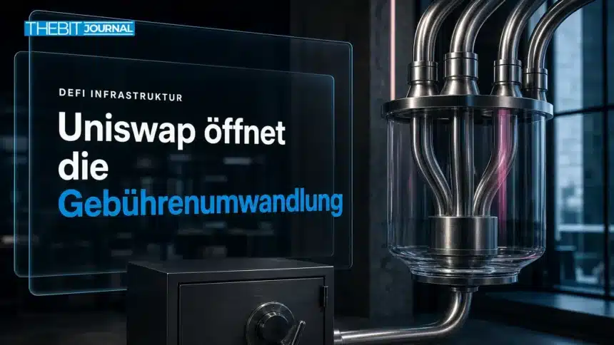 Uniswap TJAR als physisches Modell mit Metallrinnen und transparentem Sammelbehälter in einem Techniklabor