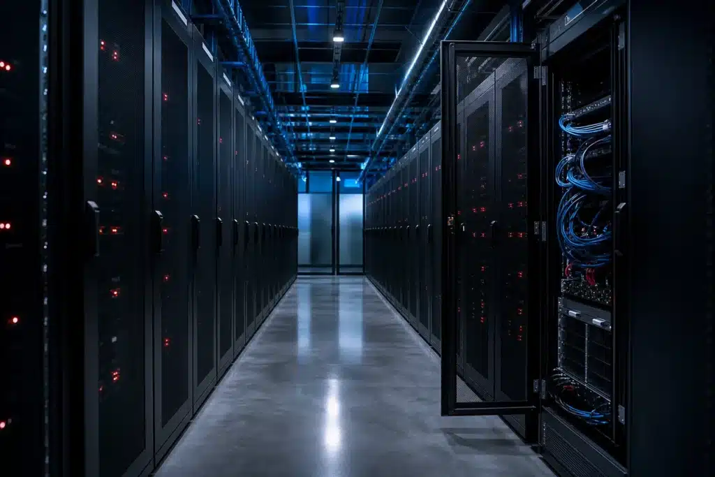 Serverracks mit roten Statusleuchten als Sinnbild für Avalanche-Validatoren nach dem Helicon-Upgrade