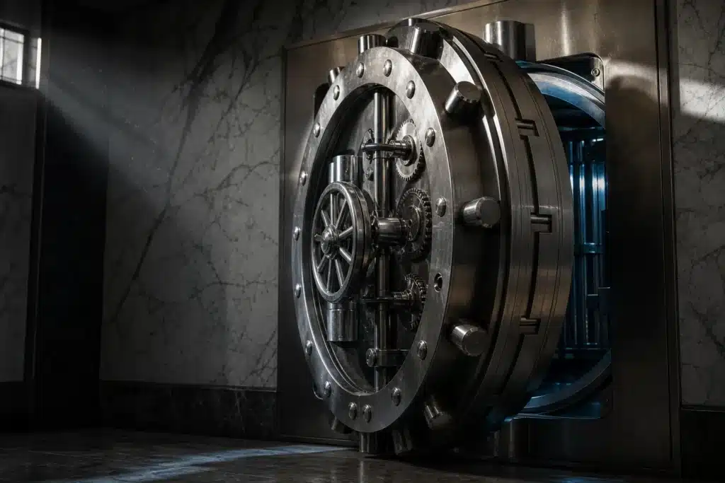XRP Price Prediction 2026: Scenarios, Key Levels and Risks 2 Partially open steel vault door with a time lock mechanism