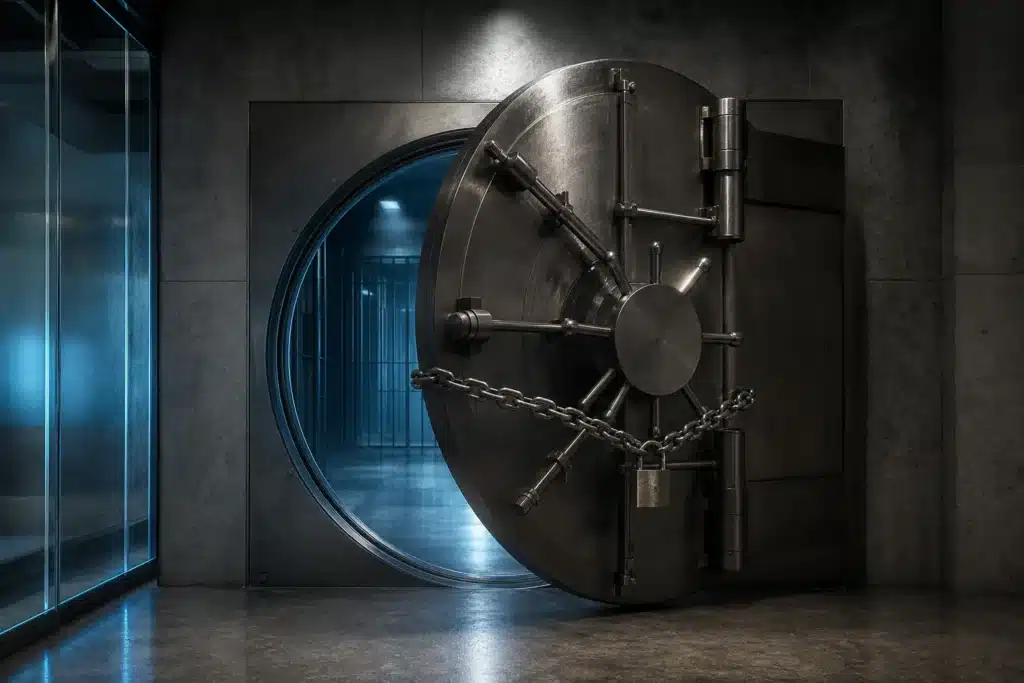 Binance Hack: Ermittlungen deuten auf kompromittierten Laptop eines Ingenieurs 8 Mit Ketten gesicherte Tresortür als Symbol für eingefrorene Kryptogelder und pausierte Auszahlungen