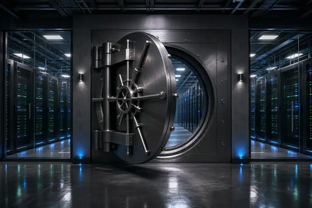 Krypto Liquidationen bei 1,49 Mrd. $: Bitcoin-Longs trifft es am härtesten 9 Stahltresortür in einem Serverkorridor als Sinnbild für Börsensicherheit nach dem Binance-Hack