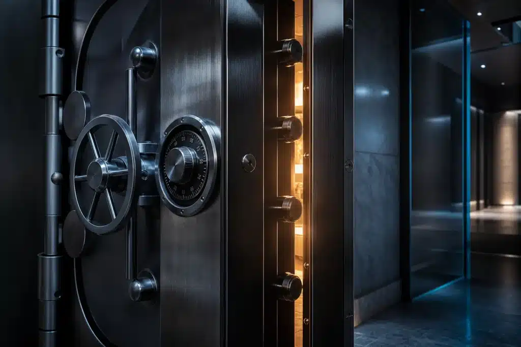 Partly open steel vault door with timed lock, representing SUI token unlocks