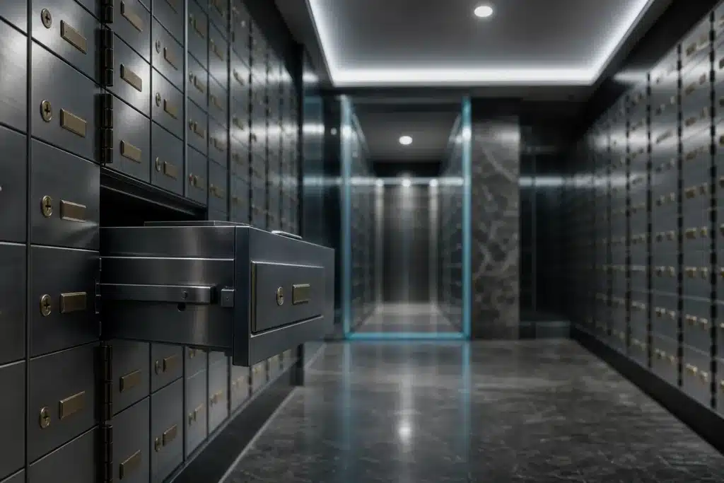 Rows of steel safety deposit boxes in a vault symbolizing customer assets held by an exchange