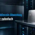 Stahl-Zahlungskarte auf einem Serverrack als Symbol für das Wachstum der Visa Stablecoin-Abwicklung