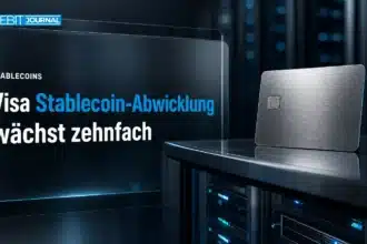 Stahl-Zahlungskarte auf einem Serverrack als Symbol für das Wachstum der Visa Stablecoin-Abwicklung