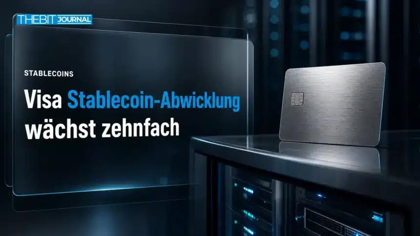Visa Stablecoin-Abwicklung: Run Rate über 25 Mrd. Dollar, fünf Token 7 Stahl-Zahlungskarte auf einem Serverrack als Symbol für das Wachstum der Visa Stablecoin-Abwicklung