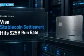 Steel payment card on a server rack illustrating Visa stablecoin settlement growth