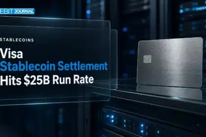 Steel payment card on a server rack illustrating Visa stablecoin settlement growth