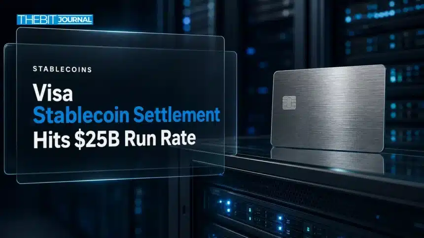 Visa Stablecoin Settlement Tops $25B Run Rate as Five Tokens Compete 7 Steel payment card on a server rack illustrating Visa stablecoin settlement growth