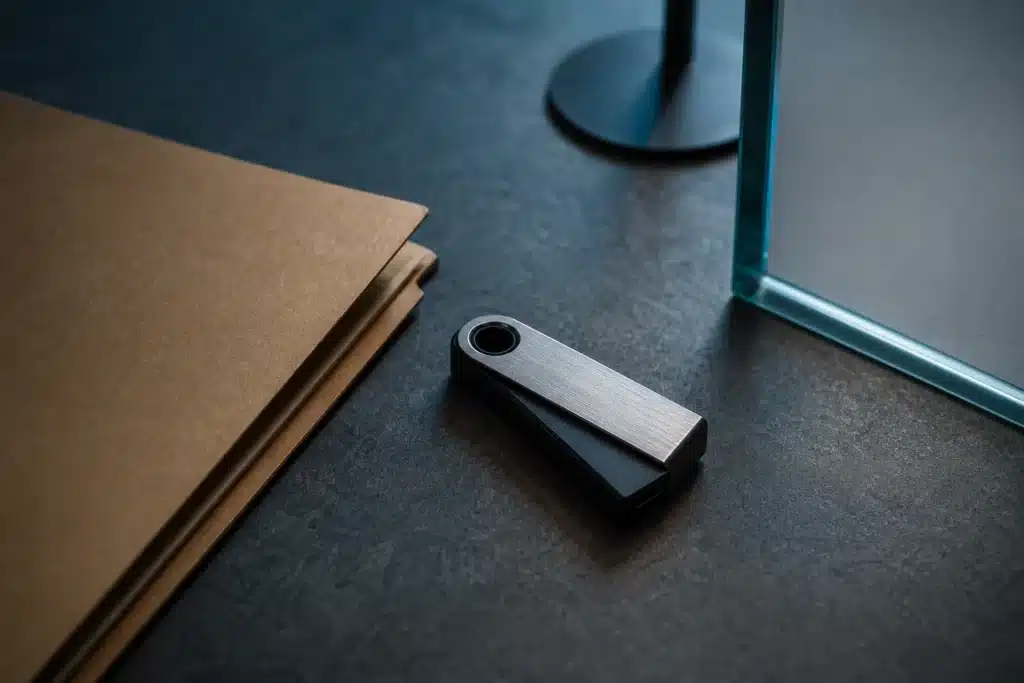 Unbranded hardware wallet beside a closed folder in an illustrative evidence-processing setting