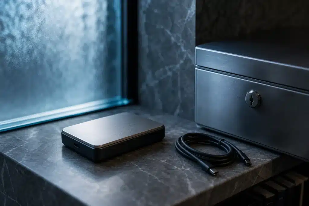 Conceptual hardware wallet and closed document box in a private study.