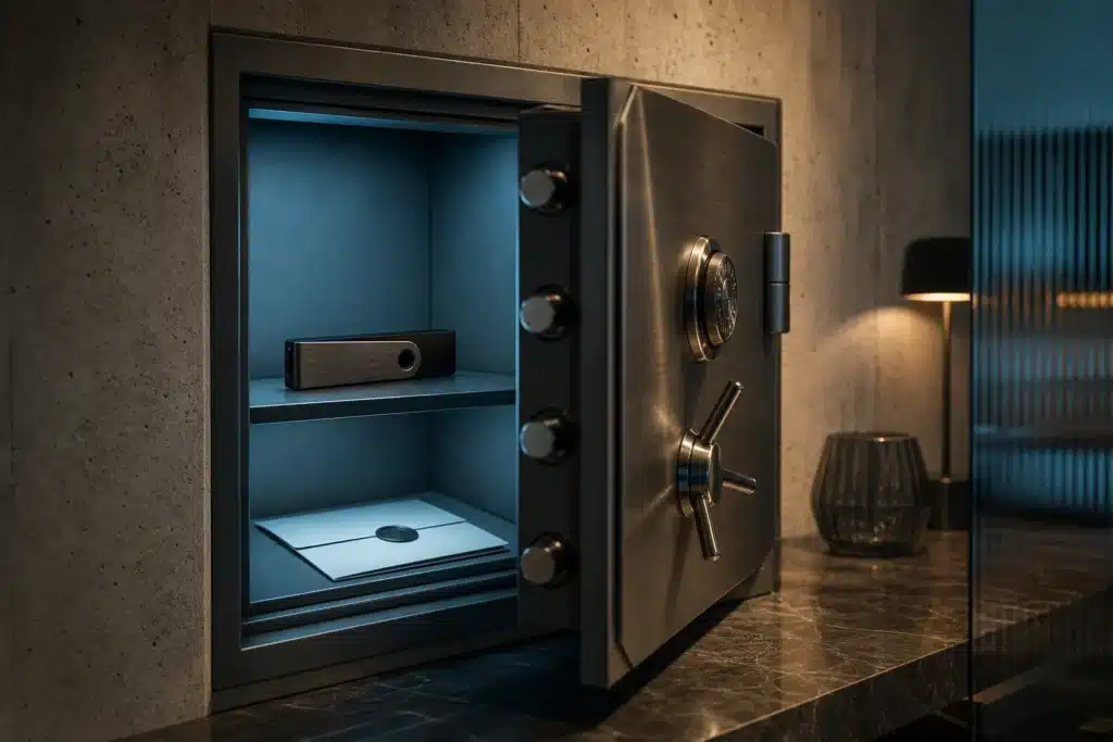 Before You Buy Shiba Inu: Market Data and Purchase Questions 9 Conceptual image of a hardware wallet and sealed envelope inside a steel safe