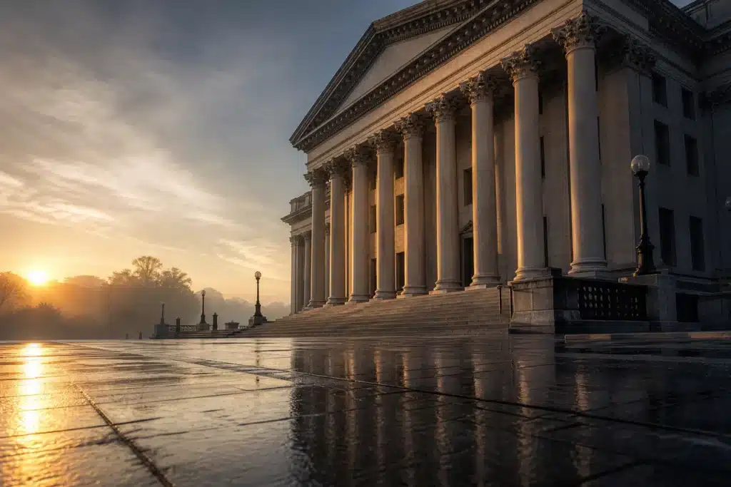 SEC Crypto Custody Proposal Could Open Self-Custody Path for Advisers 8 Stone columns of a government building at sunrise in Washington