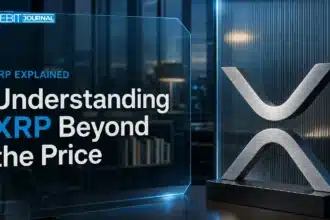 A metal XRP symbol in a research office illustrates an XRP explainer.