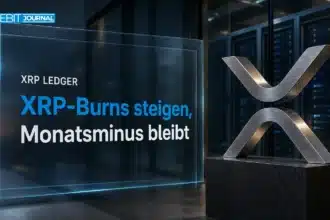 XRP Burn Rate im Fokus: Metallsymbol vor der Glaswand eines Rechenzentrums