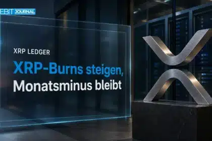 XRP Burn Rate im Fokus: Metallsymbol vor der Glaswand eines Rechenzentrums