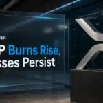 XRP burn rate coverage illustrated by a metal XRP sculpture beside a glass-walled server room