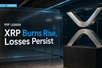 XRP burn rate coverage illustrated by a metal XRP sculpture beside a glass-walled server room
