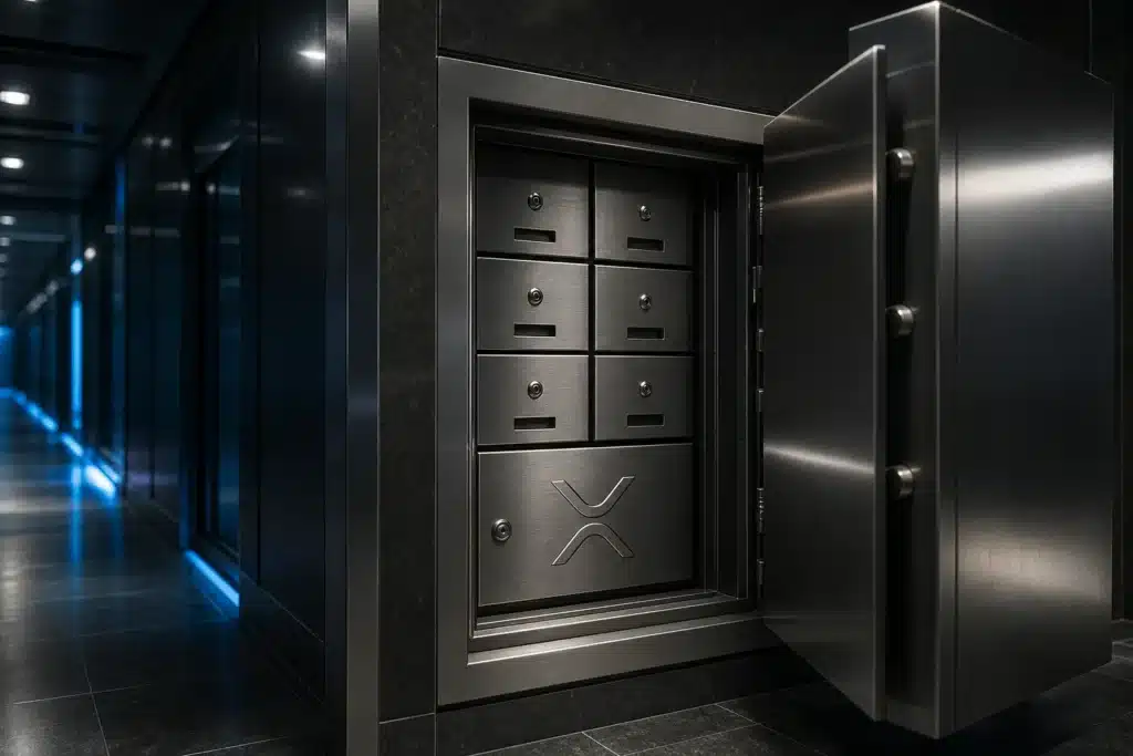 Gesicherte Metallschubladen mit einem eingravierten XRP-Emblem auf einem halb geöffneten Fach