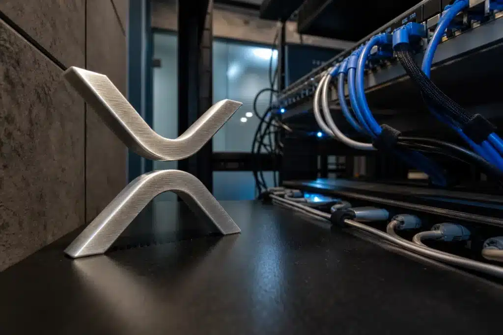 Illustrative brushed-metal XRP symbol on an equipment shelf beside bundled network cables