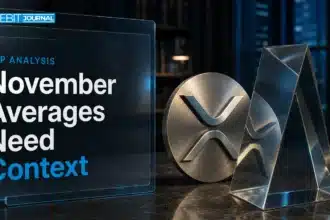 XRP price analysis illustrated by a metal XRP emblem reflected through an optical prism