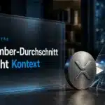 XRP Kurs: Metallisches XRP-Emblem hinter einem verzerrenden Glasprisma auf einem dunklen Schreibtisch