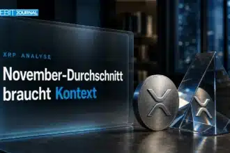 XRP Kurs: Metallisches XRP-Emblem hinter einem verzerrenden Glasprisma auf einem dunklen Schreibtisch